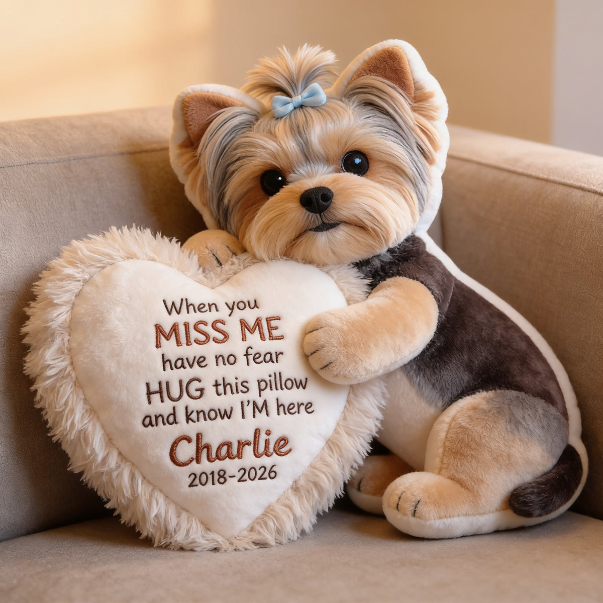 Personalized Yorkshire Terrier Memorial Faux Fur Shaped Pillow, Pet Loss Gift