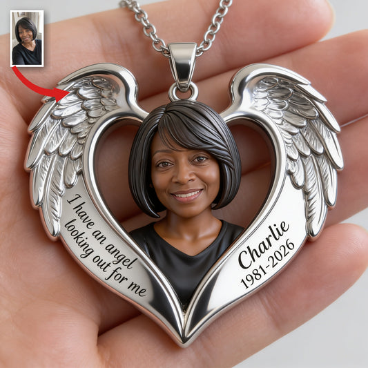 Personalized Middle-Aged Black Woman Memorial Angel Wing Pendant Necklace
