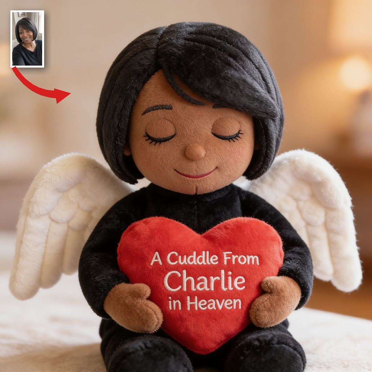 Personalized Memorial Middle-Aged Black Woman Angel Shaped Pillow Sympathy Gift