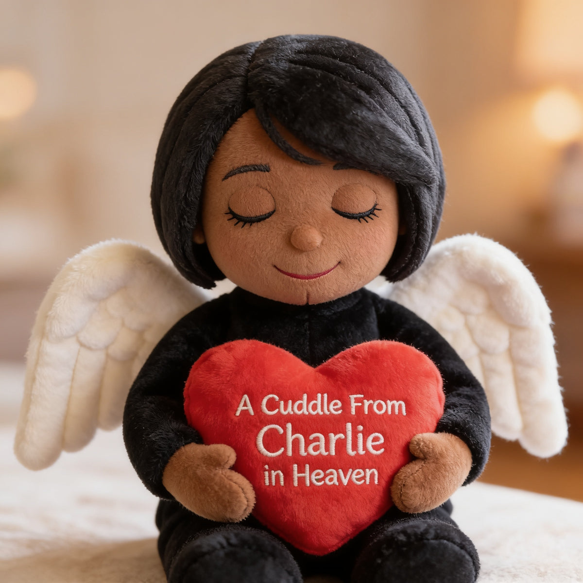 Personalized Memorial Middle-Aged Black Woman Angel Shaped Pillow Sympathy Gift