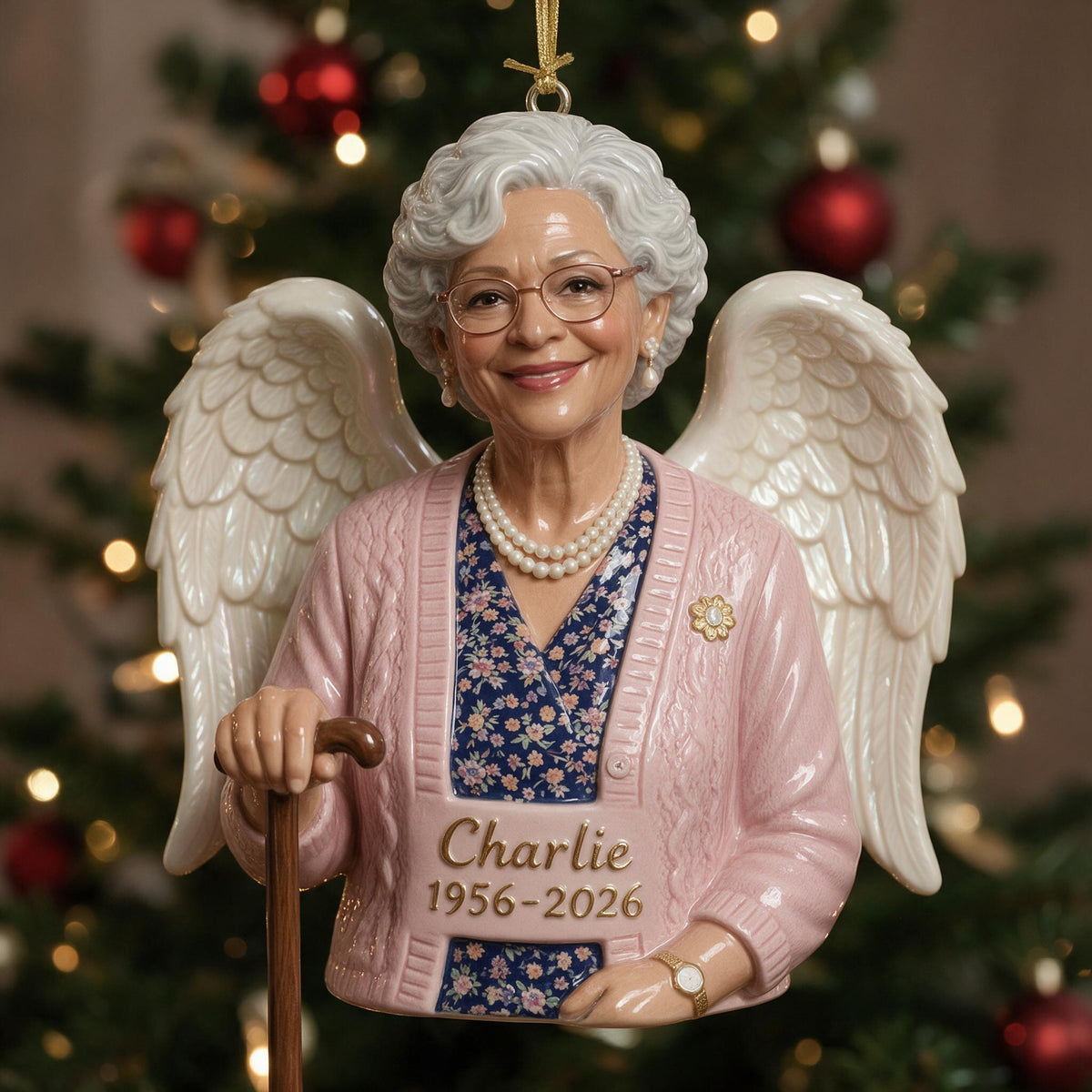 Personalized Christmas Older Black Woman Grandma Memorial 3D Ornament