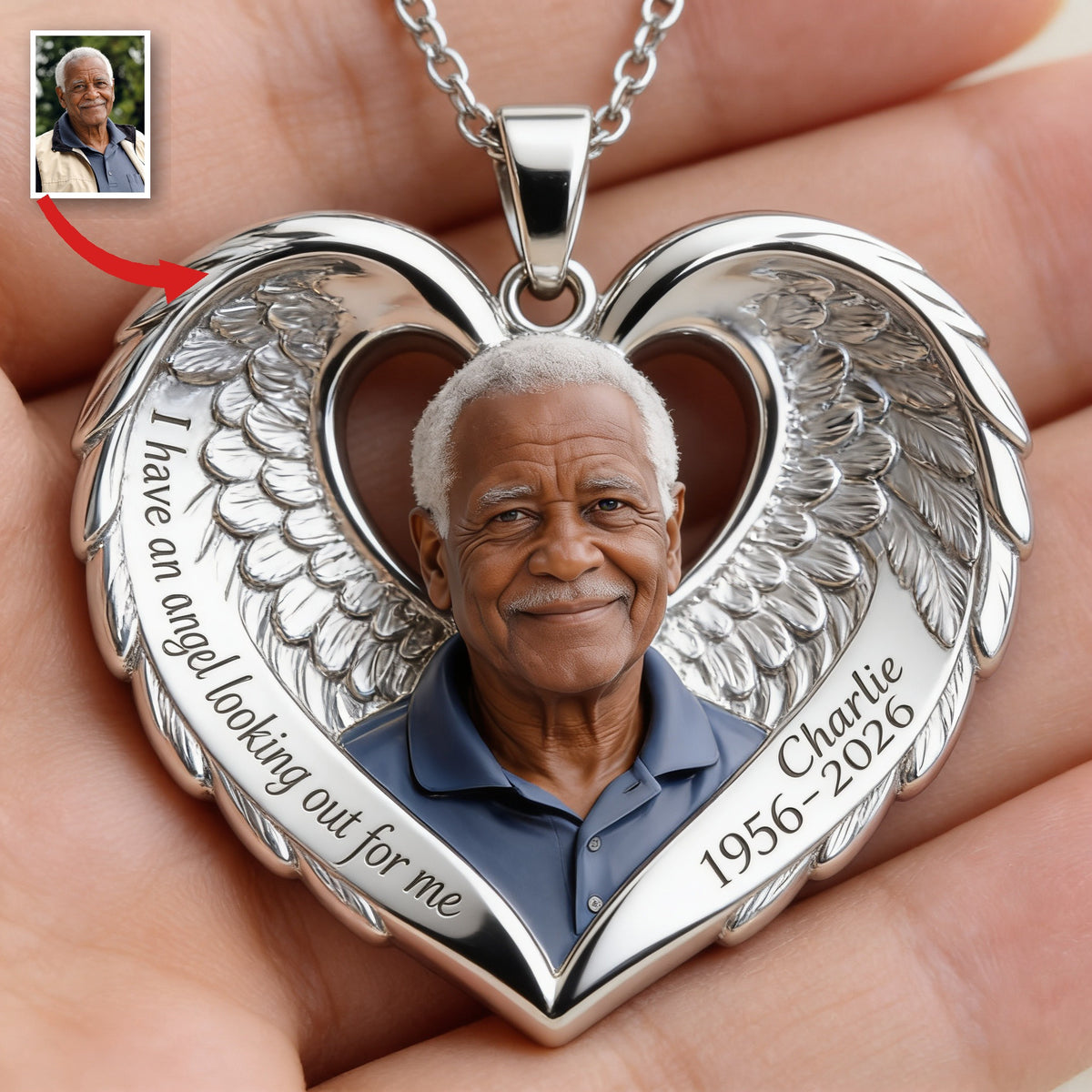 Personalized Older Black Man Grandpa Memorial Angel Heart Pendant Necklace
