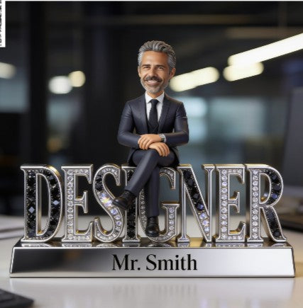 Custom Older Male Designer Desk Sign Personalized Mature Man Office Decor Figurine Luxury Crystal Nameplate Executive Portrait Statue Gift