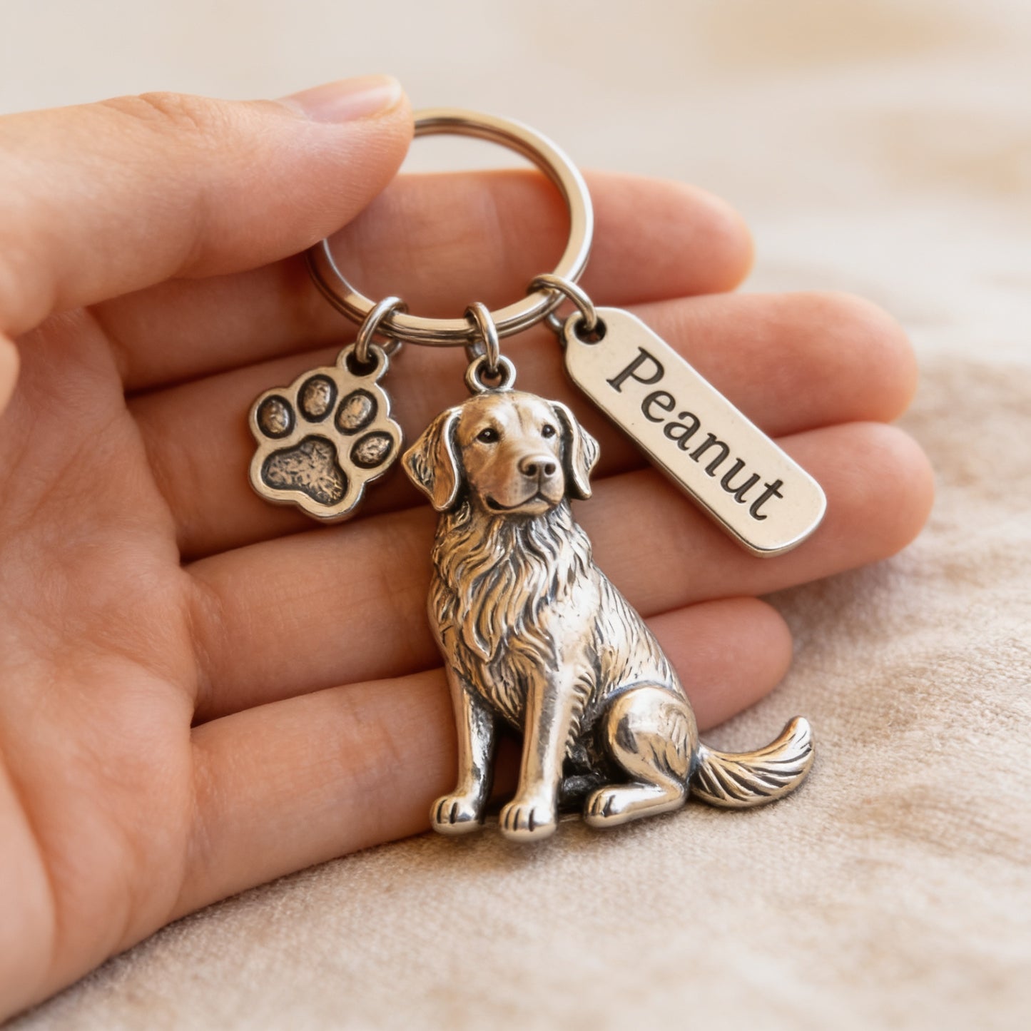Personalized Golden Retriever Dog Keychain with Charm, Custom Name Golden Retriever Dog Paw Keyring, Pet Gift