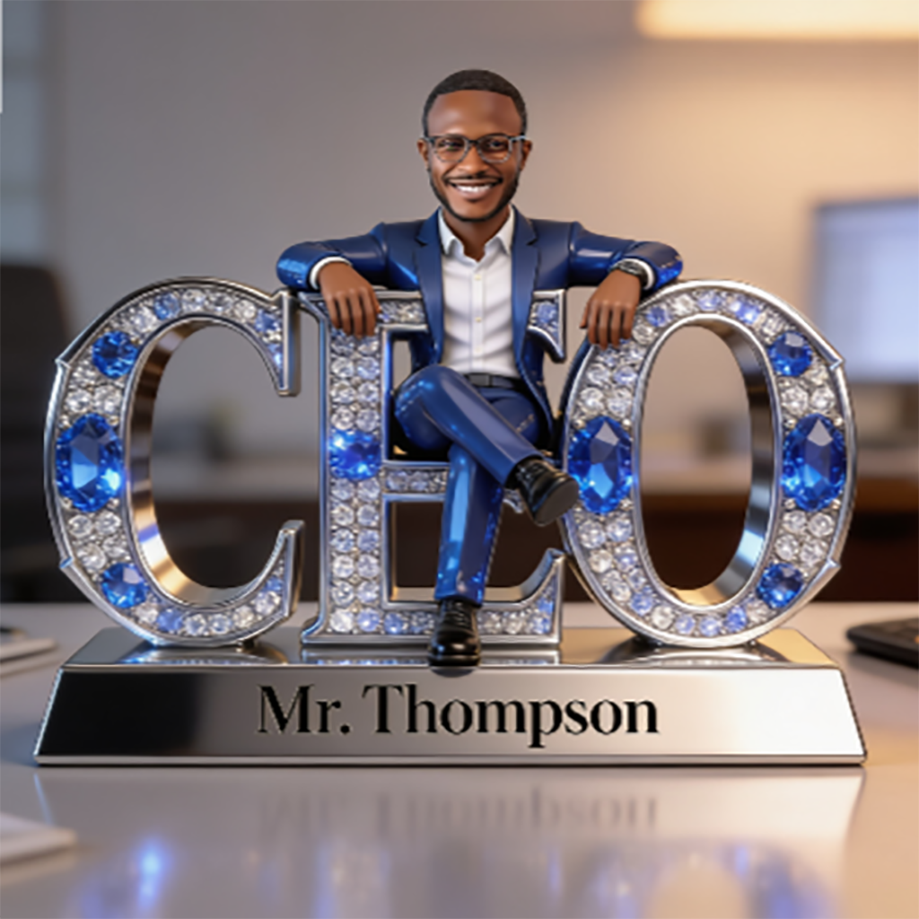 Custom Black Male CEO Figurine Gift - Personalized Executive Desk Nameplate, Boss Office Decor Acrylic Plaque, Corporate Gift