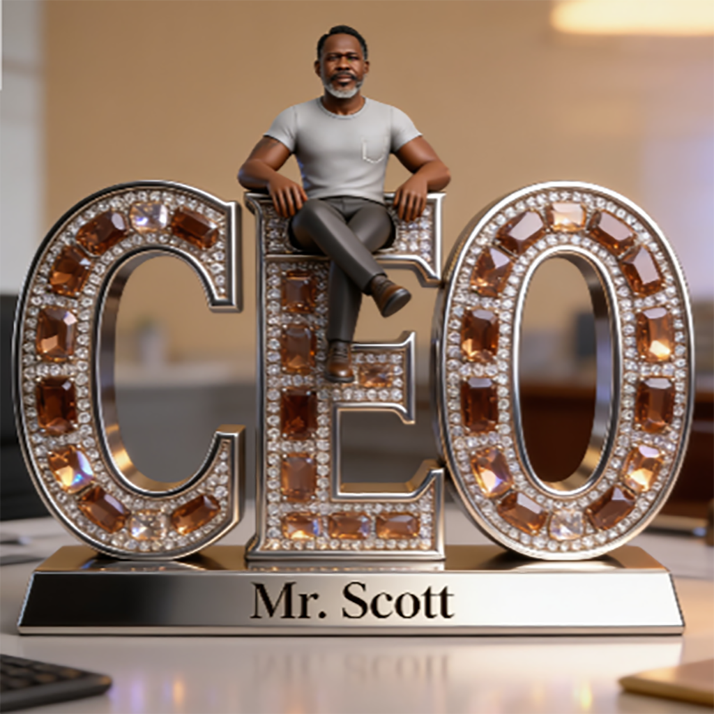 Custom Older Black Male CEO Desk Nameplate - Personalized Boss Figurine, Executive Office Decor Acrylic Plaque, Retirement Gift