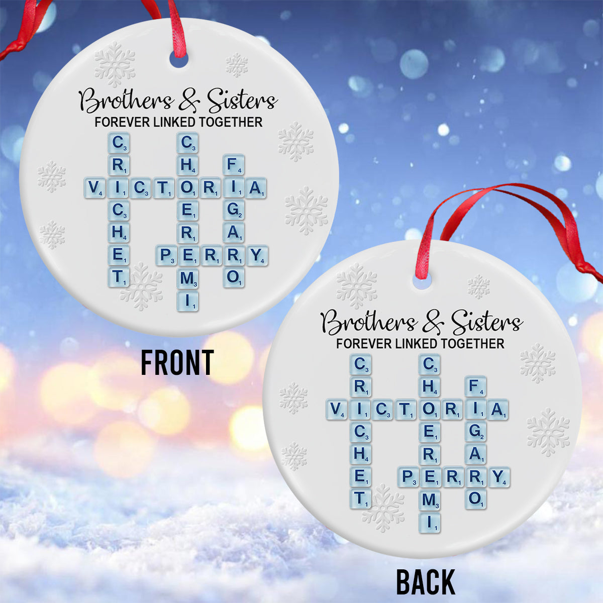 Brothers & Sisters Forever Linked Together, Sea Glass Name Puzzle - Personalized Family Ceramic Circle Ornament