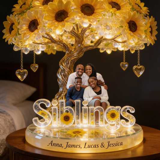 Custom Black Siblings Any Photo Sunflower Tree LED Night Light - Personalized Family Name Lamp Bedroom Gift Decor