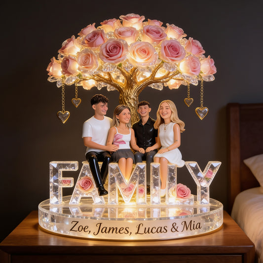 Custom Any Photo Family Acrylic LED Night Light – Personalized Family Rose Tree Lamp Gift for Parents, Siblings Home Bedroom Decor