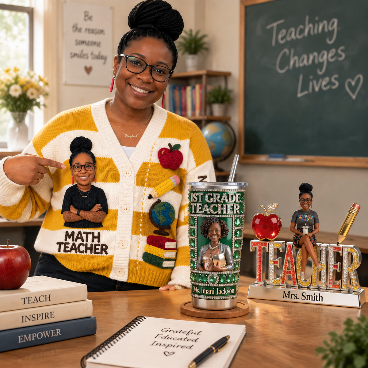 The Amazing Teacher Gift Set - Personalized Teacher Cardigan & Tumbler & Plaque