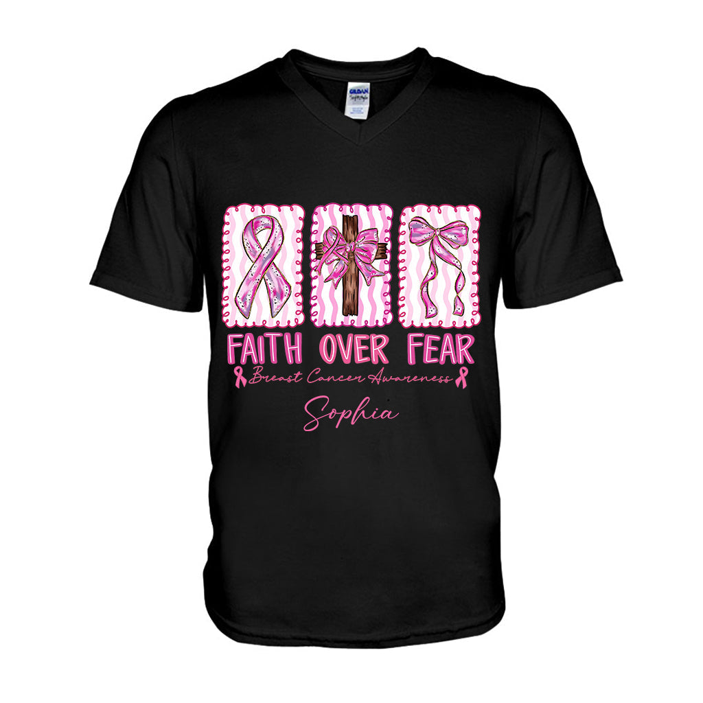 Faith Over Fear Breast Cancer Warrior - Personalized Breast Cancer Awareness T-shirt And Hoodie