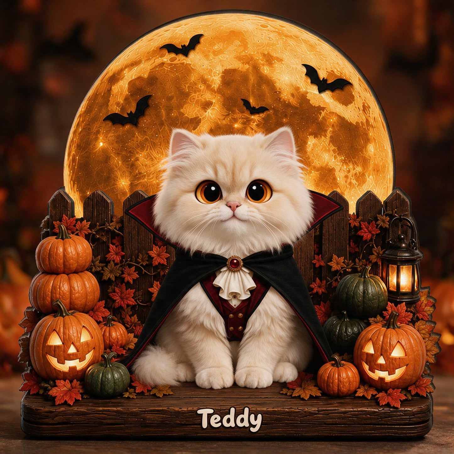 Personalized 2-Layer Wooden Halloween Plaque - Spooky Vampire Cat With Pumpkins, Custom Name Gift for Cat Lovers