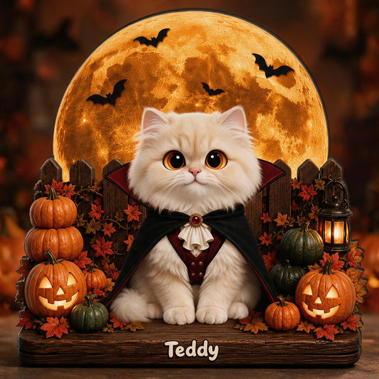 Personalized 2-Layer Wooden Halloween Plaque - Spooky Vampire Cat With Pumpkins, Custom Name Gift for Cat Lovers