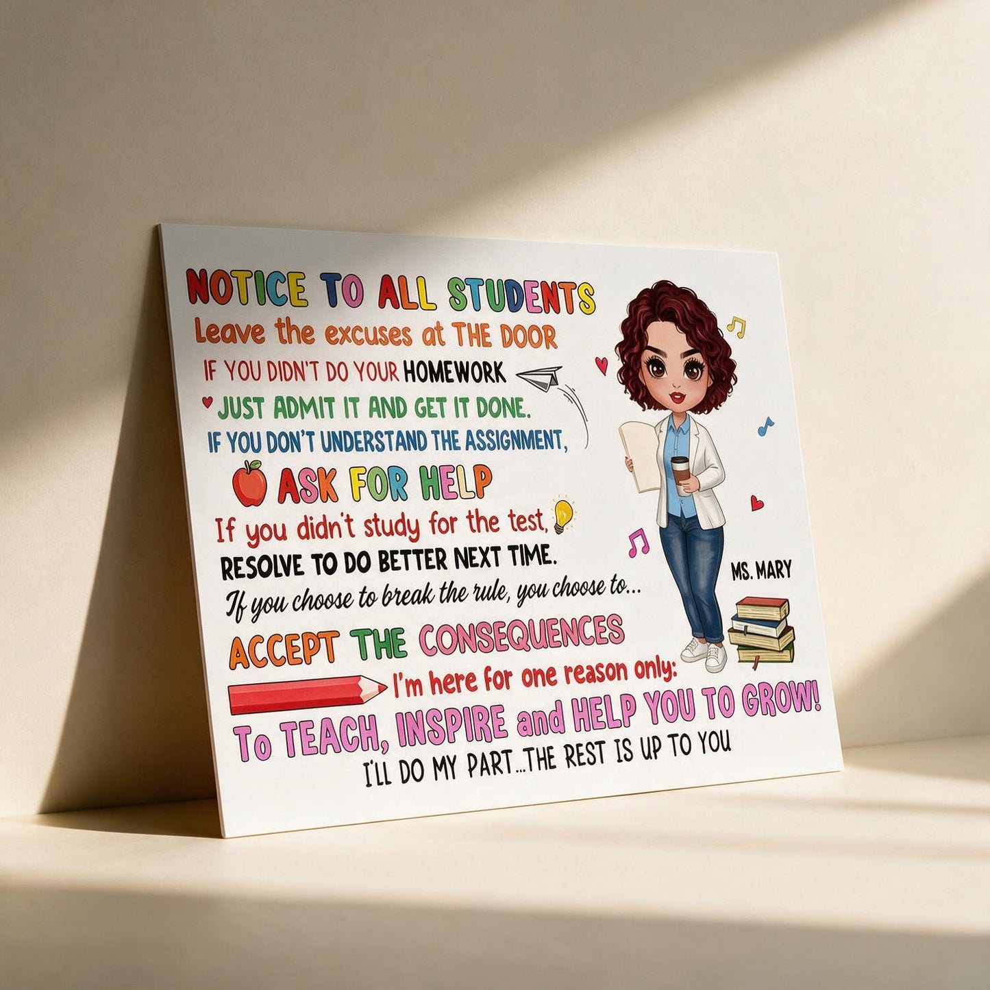 Personalized Notice To All Students Horizontal Poster, Doll Style Teacher Classroom Rules Wall Decor, Back To School Teacher Gift