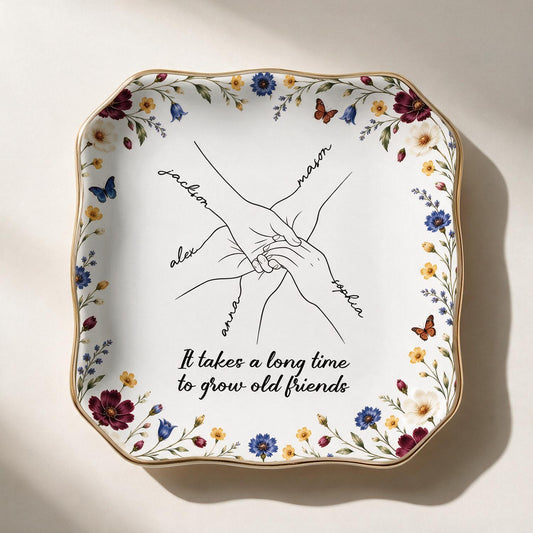 Personalized Old Friends Holding Hands Floral Jewelry Dish, Bestie Gift