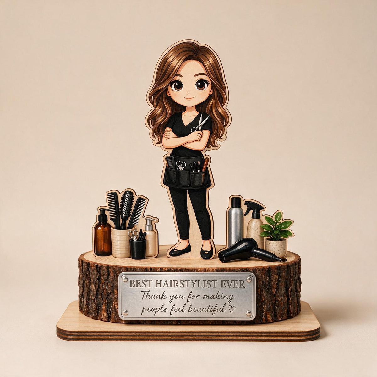 Best Hairstylist Ever 2-Layered Wooden Plaque - Chibi Hairstylist Desk Decor - Thoughtful Salon Appreciation Gift for Her
