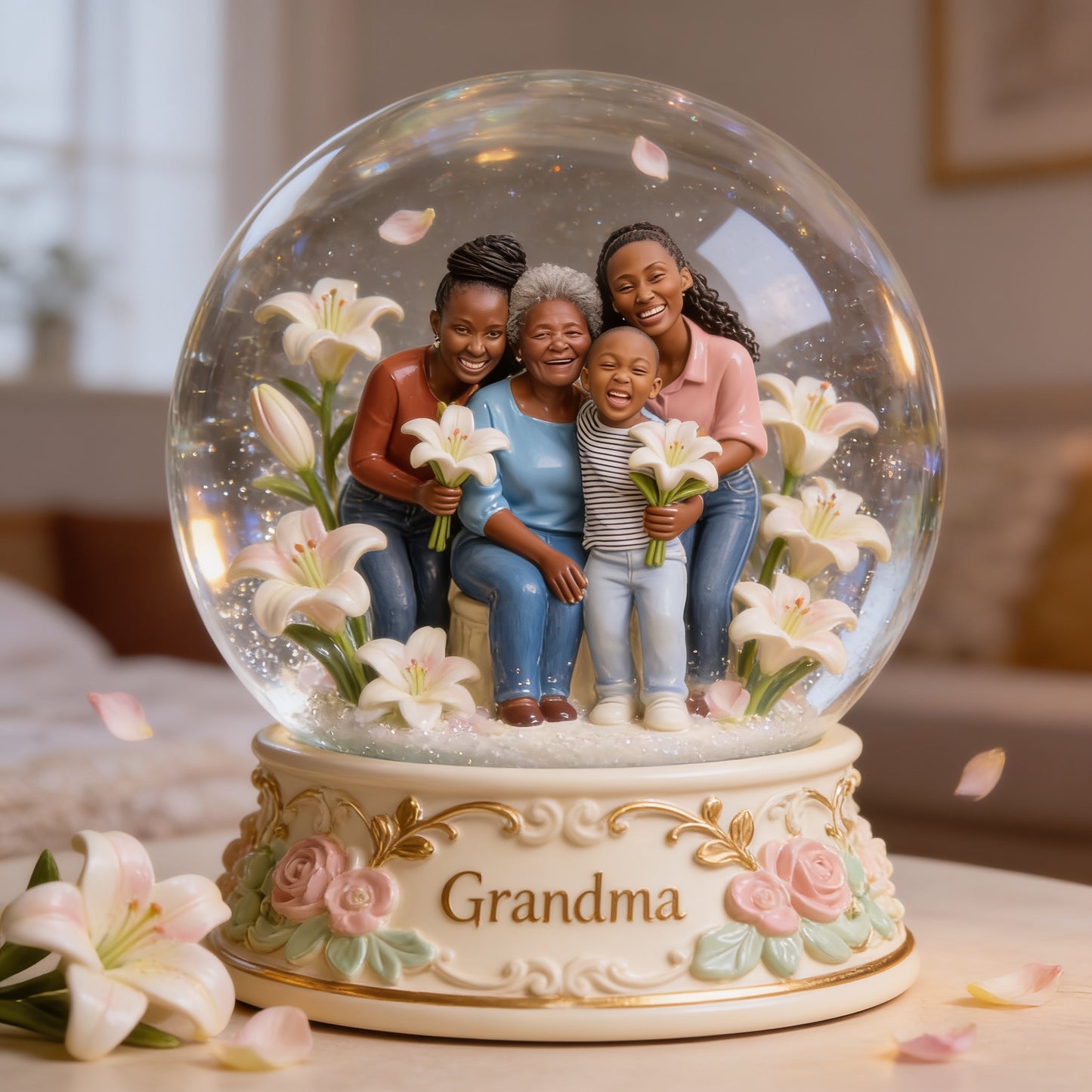 Custom Black Grandma & Family Glass Dome Light - Personalized Figurine Lamp, Sentimental Bedroom Decor Gift