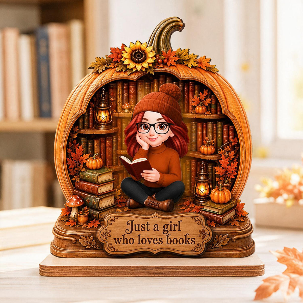 Just a Girl Who Loves Books Fall Pumpkin Personalized 2-Layer Wooden Plaque - Autumn Book Lover Gift for Readers