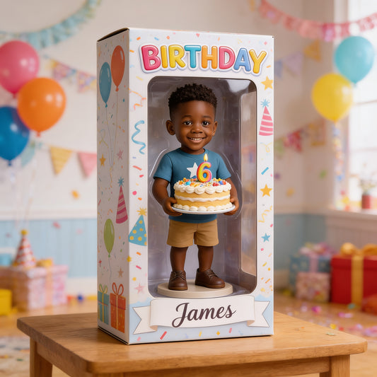 Personalized Custom Black Little Boy Birthday Doll 3D Figurine with Customized Window Display Box Keepsake Gift for Son Grandson Nephew