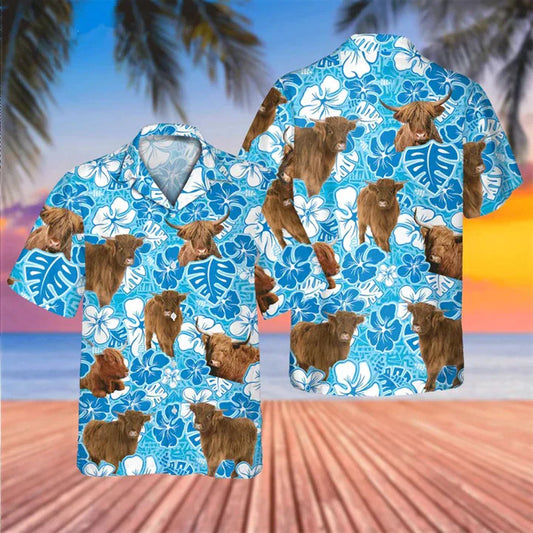 Blue Floral Highland Cow Highland Cow Hawaiian Shirt 0624