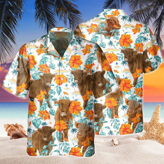Bright Hibiscus and Highland Cow Highland Cow Hawaiian Shirt 0624