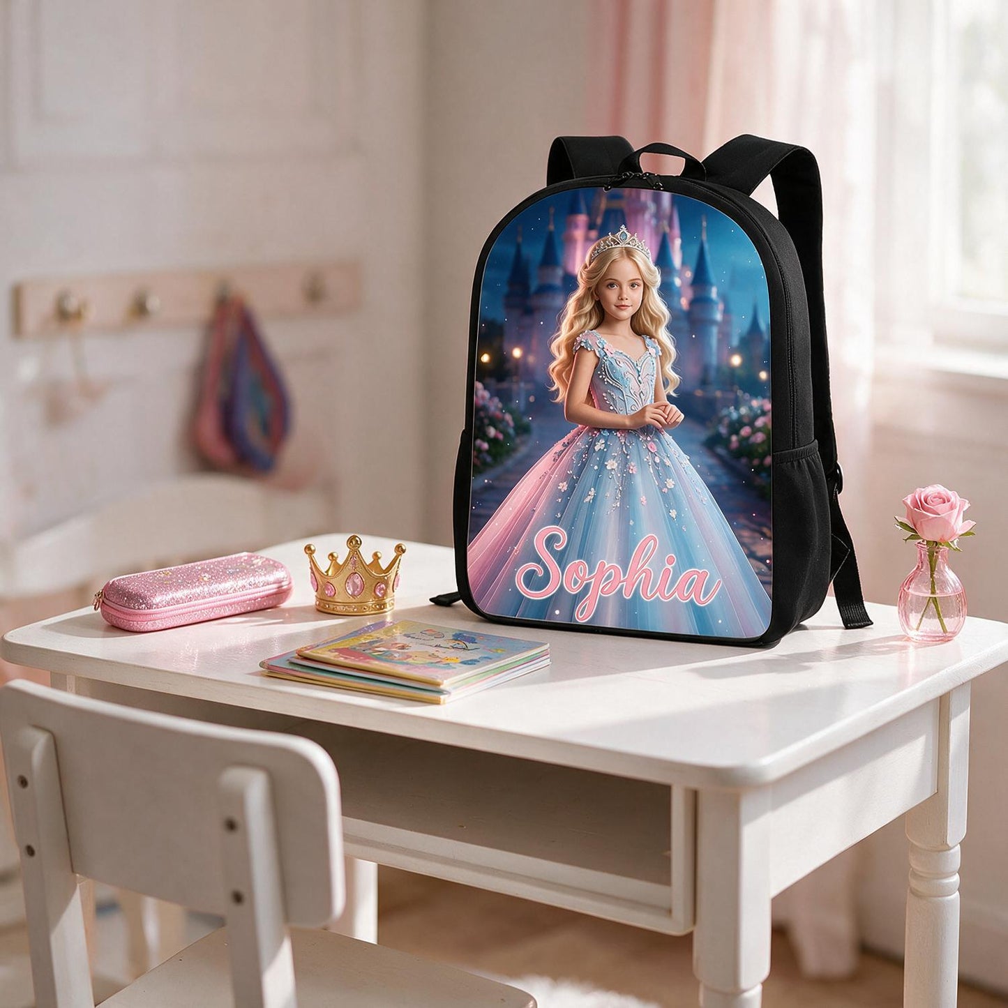 Personalized Princess Backpack - Blonde Princess Blue Pink Gown Castle - Custom Name Back to School Gift for Girls