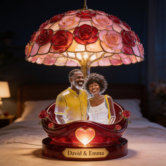 Custom Black Couple Stained Glass Rose Night Light Lamp - Personalized Romantic Bedroom Decor, Anniversary Gift
