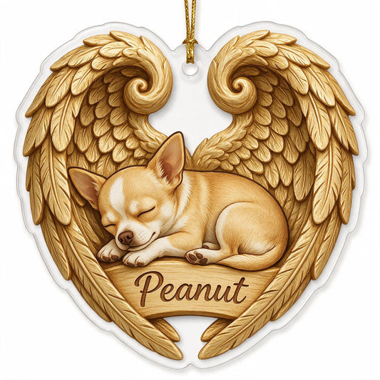 Sleeping Chihuahua Golden Angel Wings Heart Acrylic Ornament - Personalized Pet Memorial Sympathy Gift for Dog Lovers