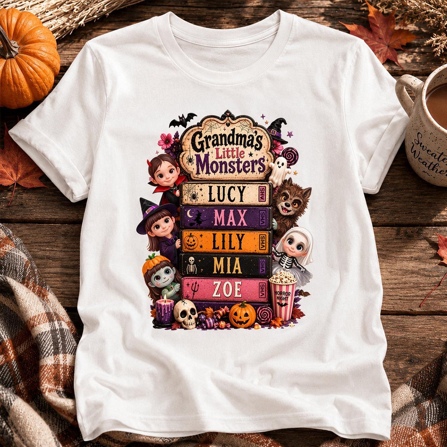 Grandma's Little Monsters Retro Halloween VHS Shirt - Personalized Halloween Gift for Grandma with Custom Grandkids Names