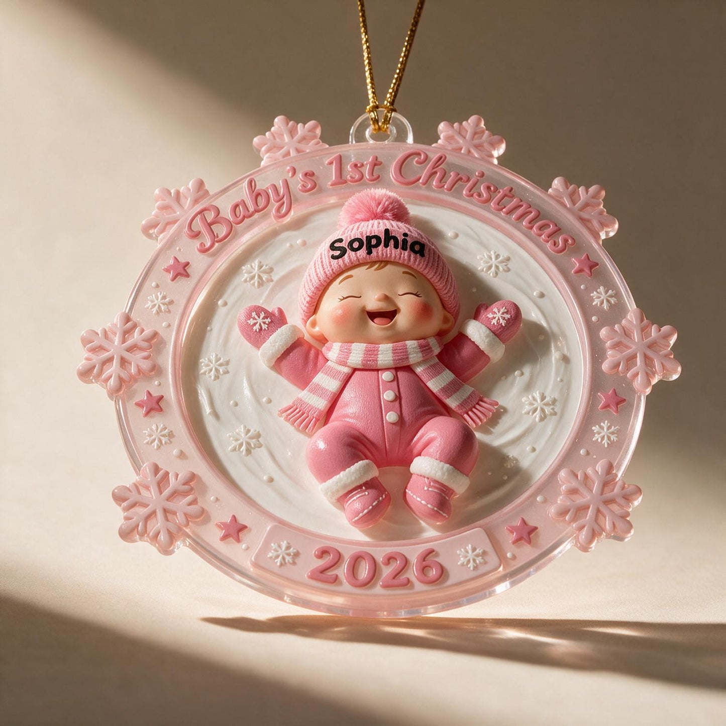 Baby's First Christmas Personalized Pink Snow Angel Acrylic Ornament - Custom Name & Year New Parent Gift