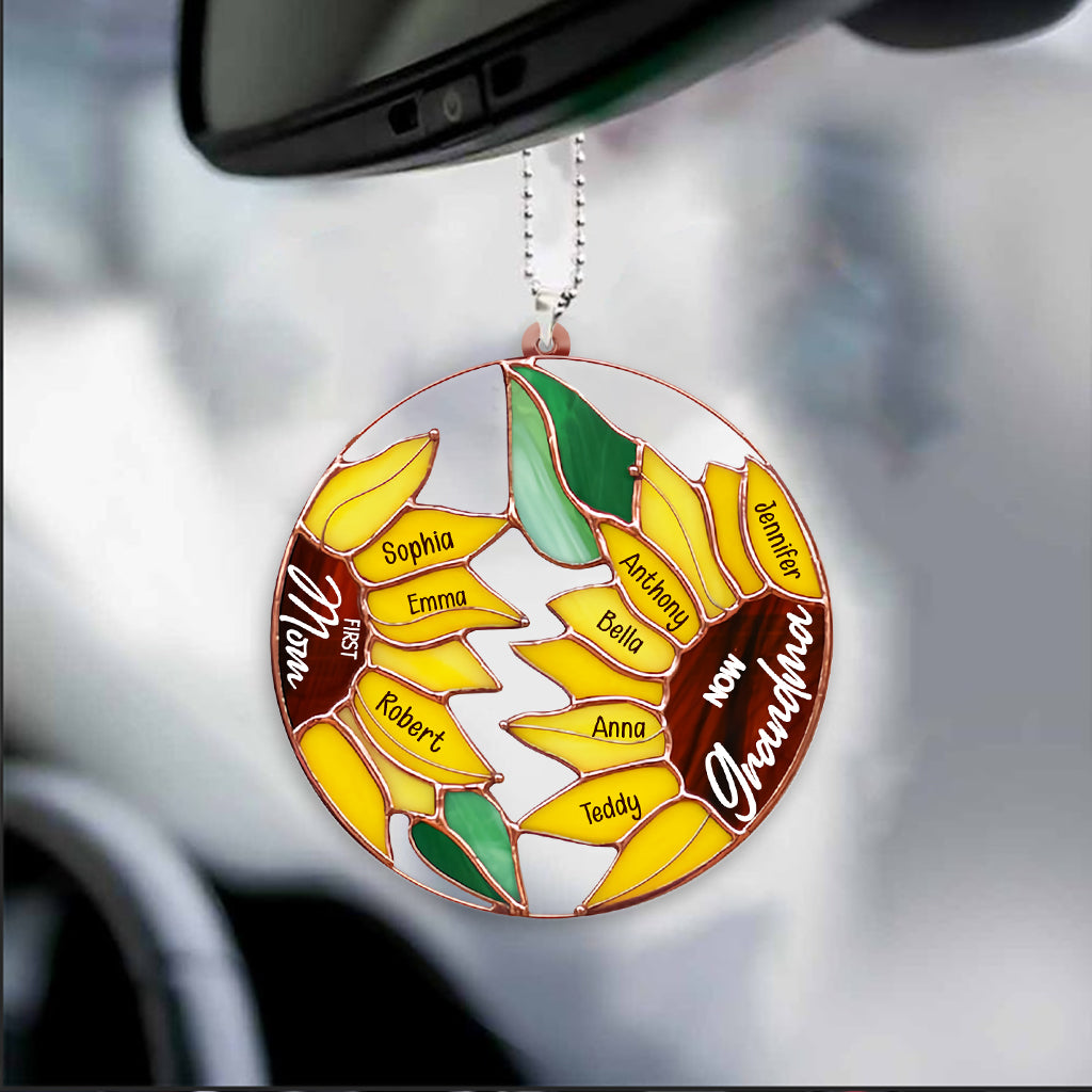 First Mom Now Grandma Sunflower - Personalized Grandma Transparent Car Ornament
