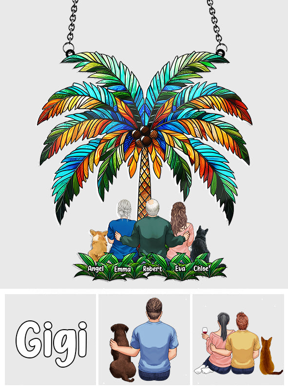 Family Under The Palm Tree - Personalized Family Window Hanging Suncatcher Ornament