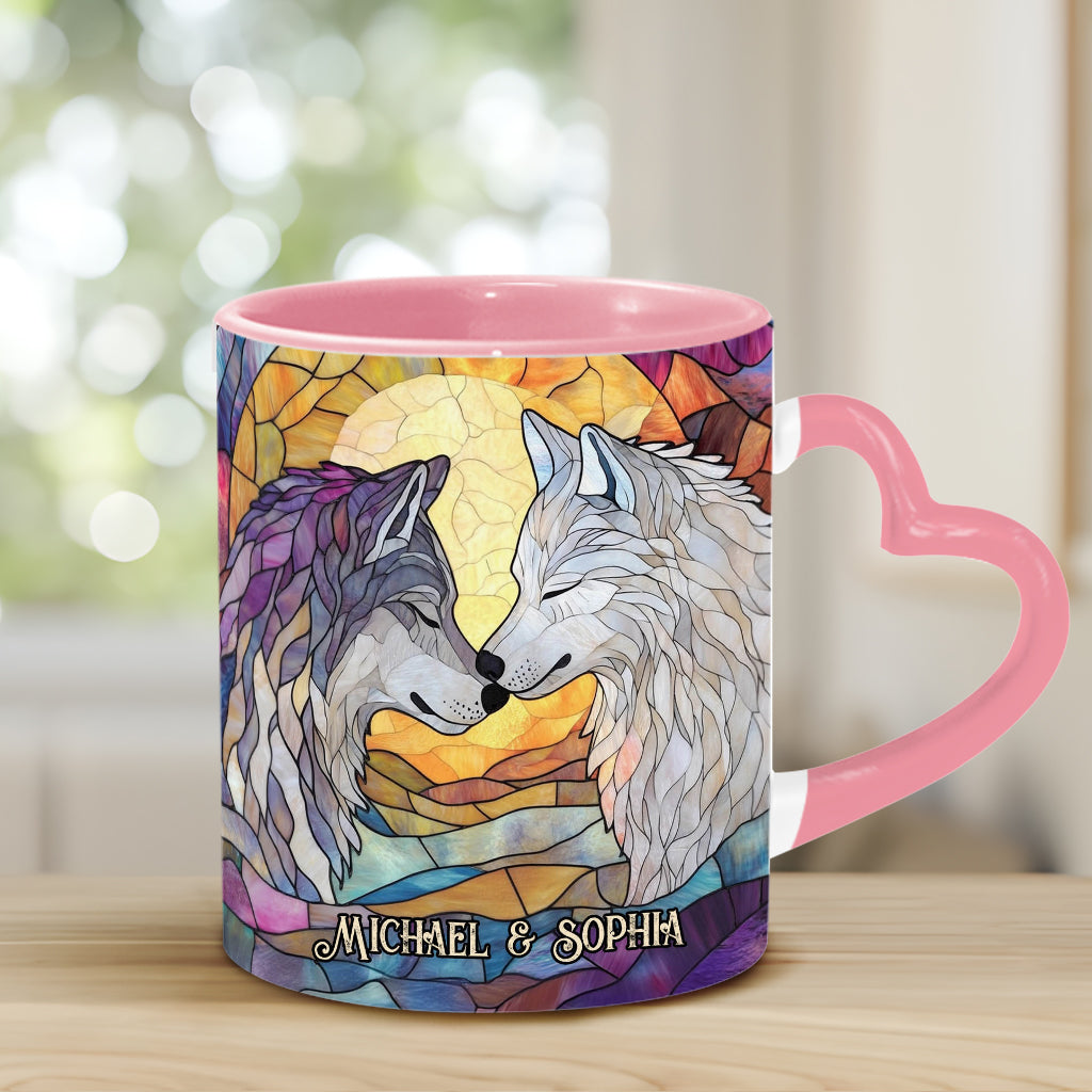 Wolf He Keeps Me Safe She Keeps Me Wild - Personalized Couple Heart Handle Mug