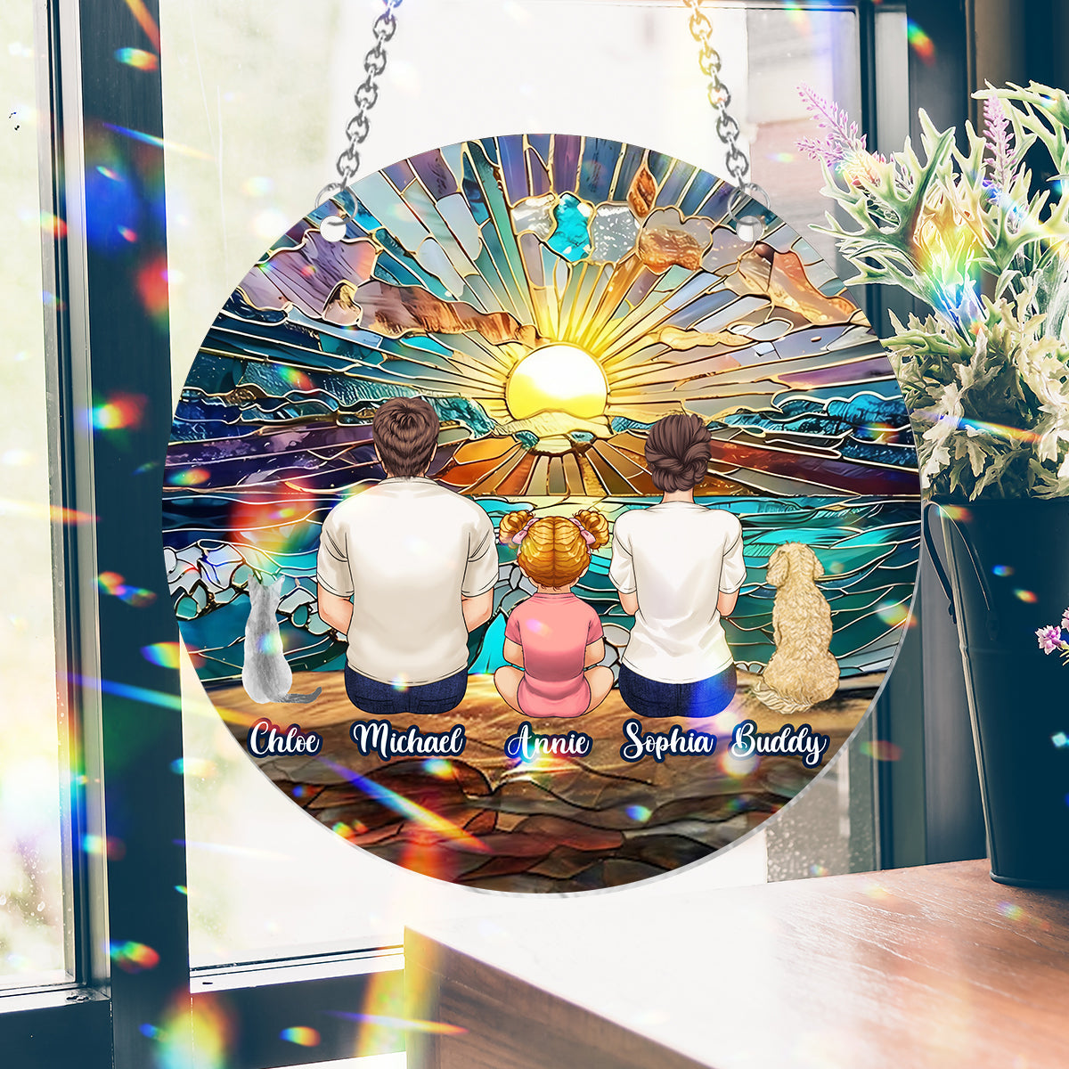 Happy Couple Enjoying Romantic Beach - Personalized Family Window Hanging Suncatcher Ornament