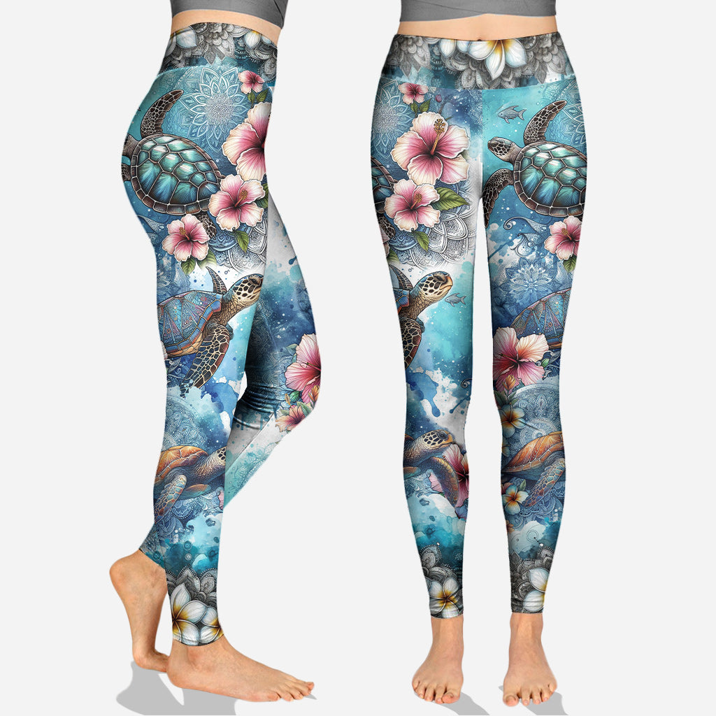 Sea Turtle Mandala Tropical Flower - Personalized Turtle Hollow Tank Top and Leggings