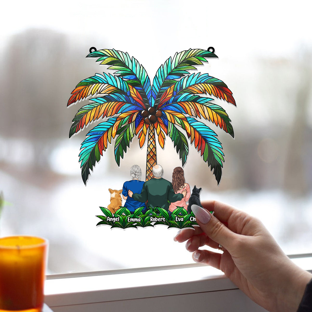 Family Under The Palm Tree - Personalized Family Window Hanging Suncatcher Ornament
