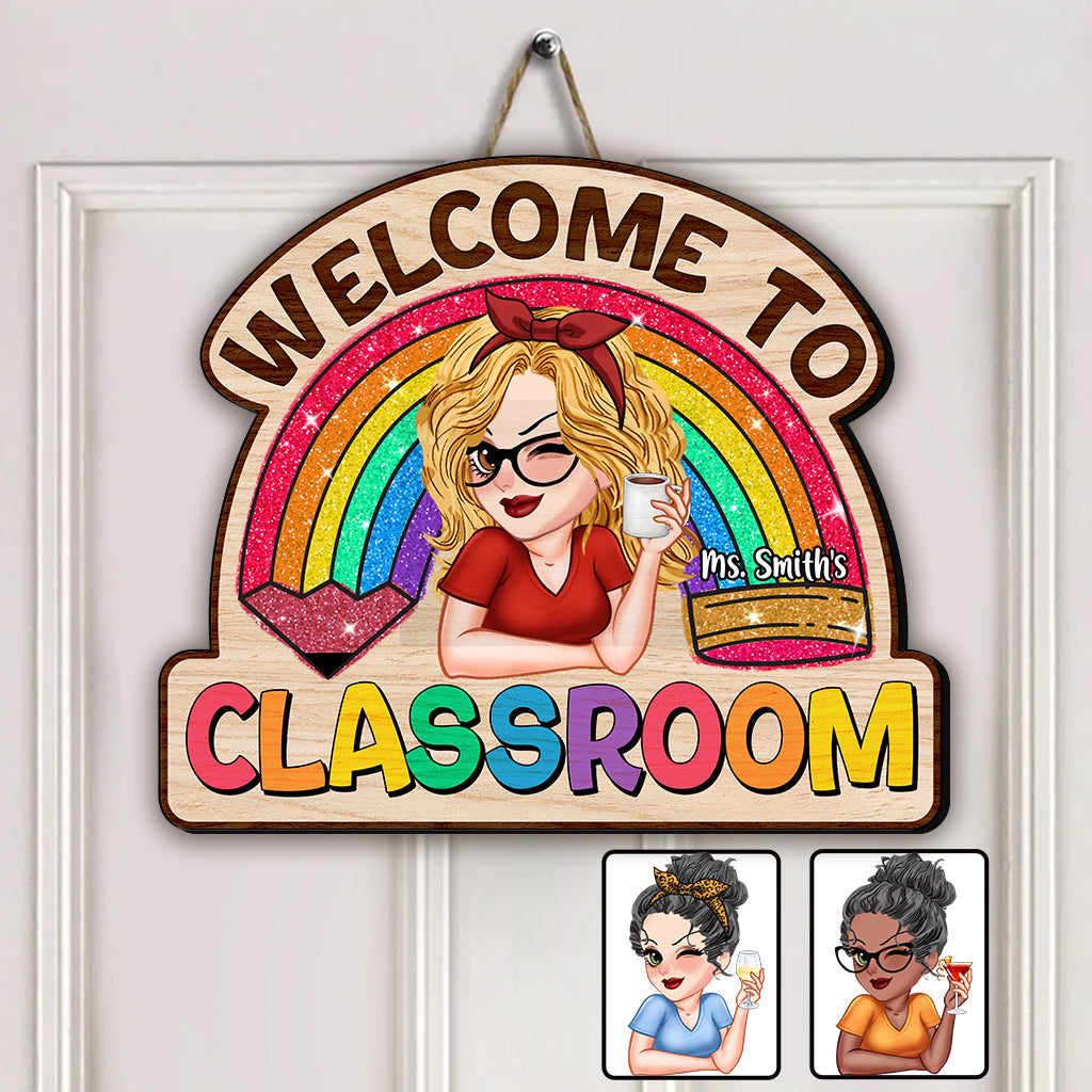 Teacher Life Glitter Rainbow - Personalized Teacher Custom Shaped Wood Sign