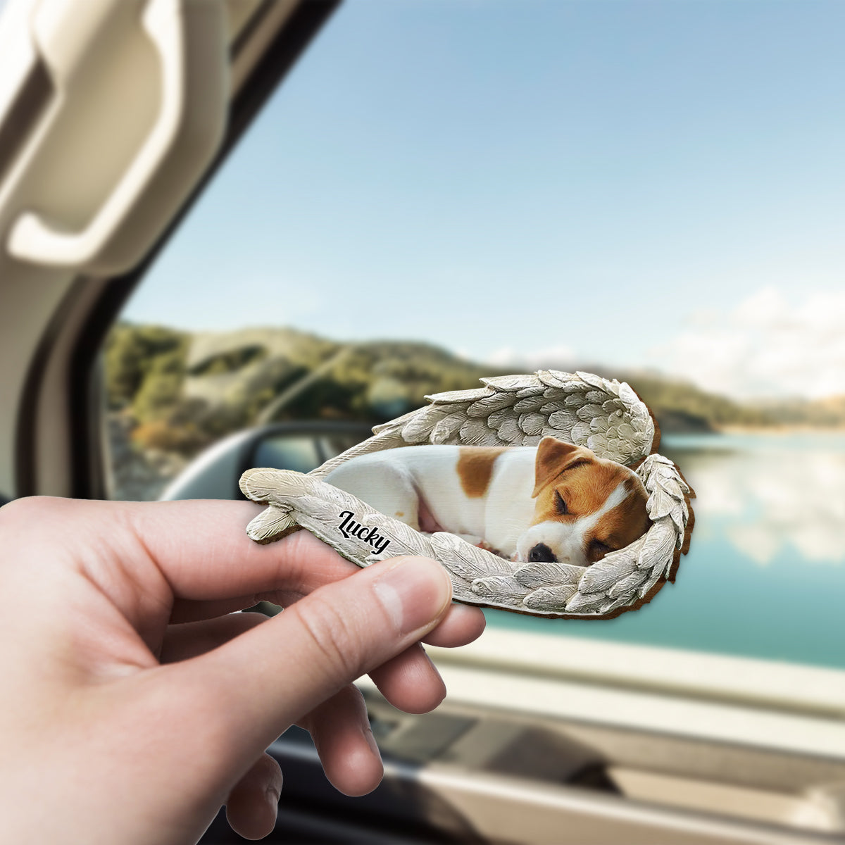 Sleeping Pet Within Angel Wings - Personalized Dog Shaped Car Visor Clip