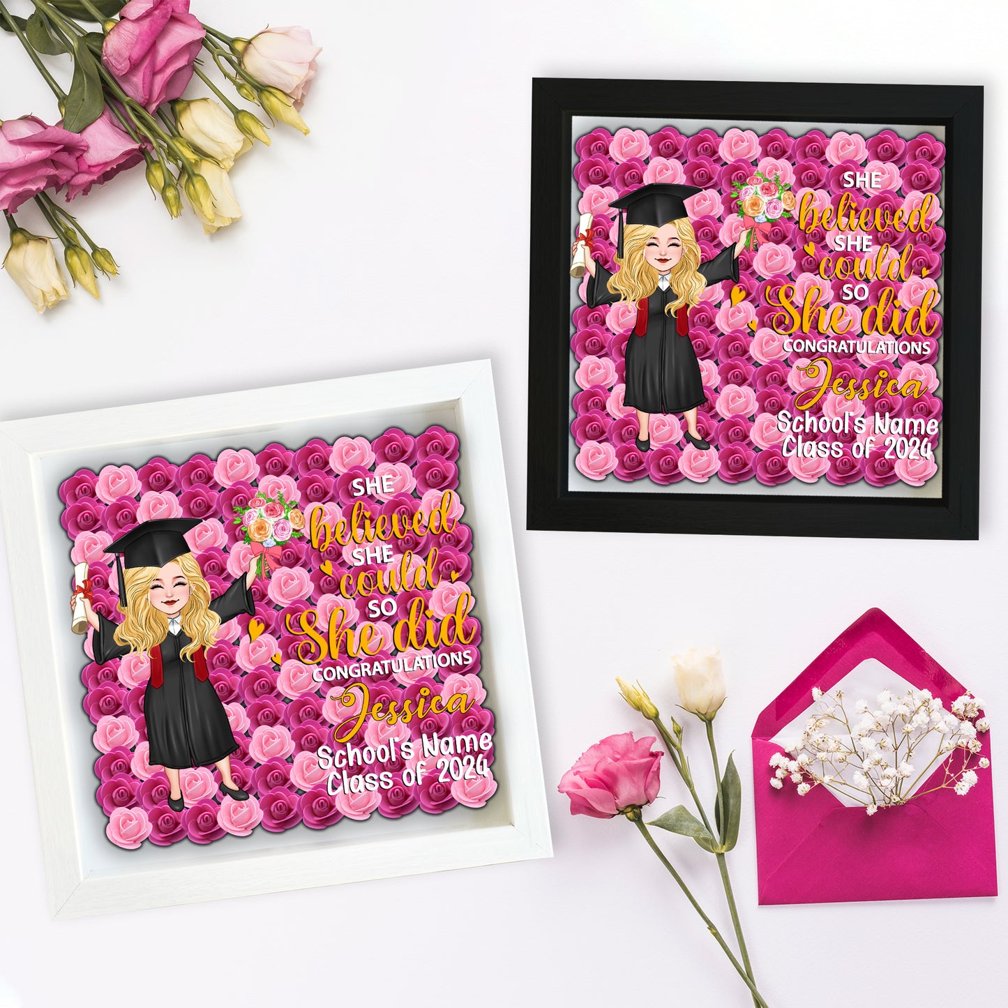 Graduation Girl 2024 - Personalized Graduation Custom Shaped Flower Shadow Box