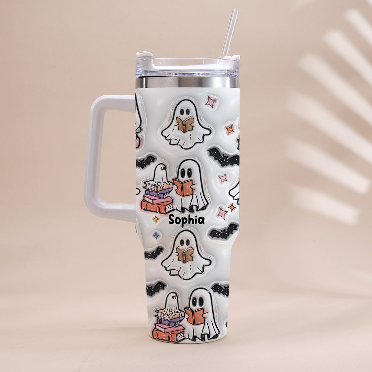 Cute Ghost Reading Booooks - Personalized Book Tumbler With Handle
