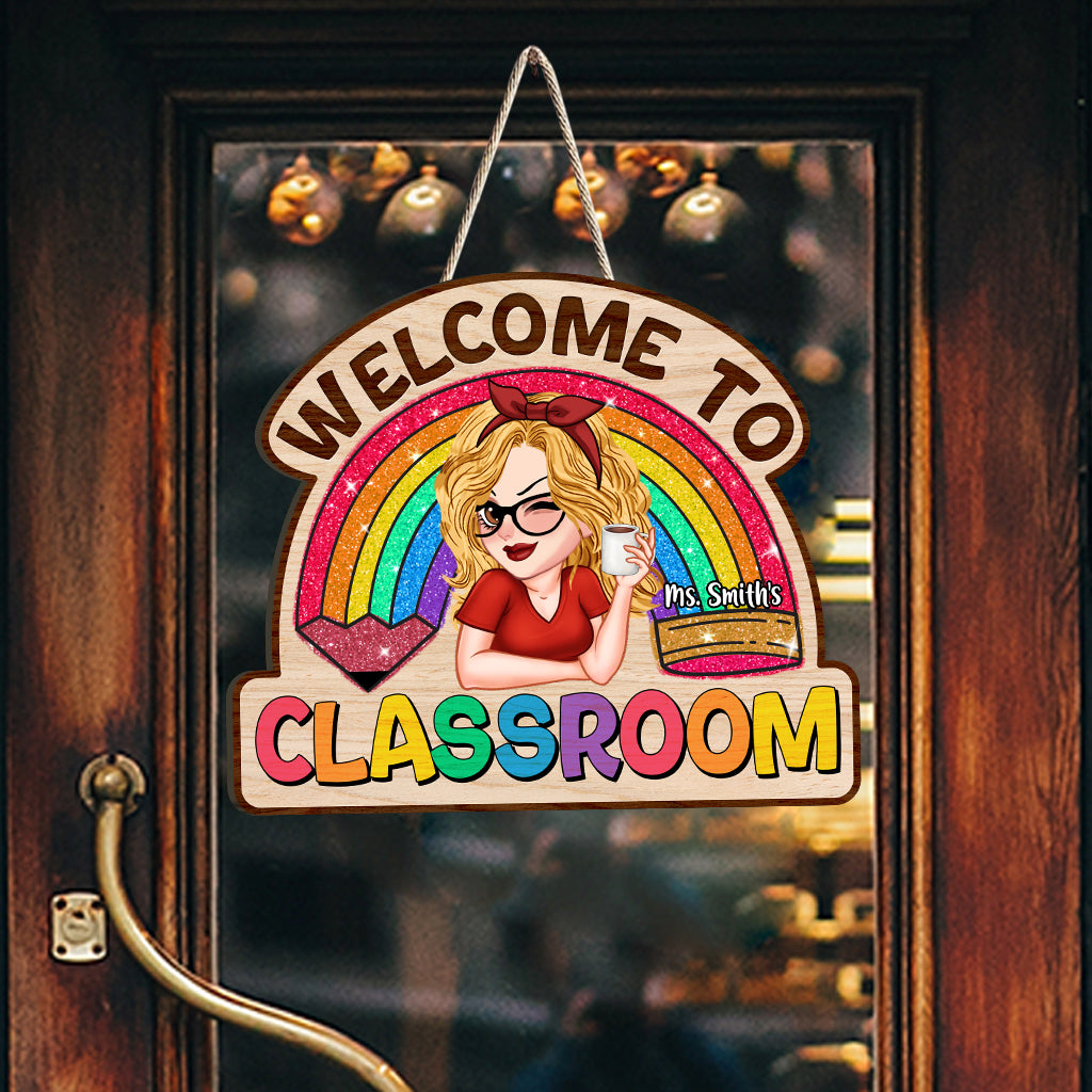 Teacher Life Glitter Rainbow - Personalized Teacher Custom Shaped Wood Sign