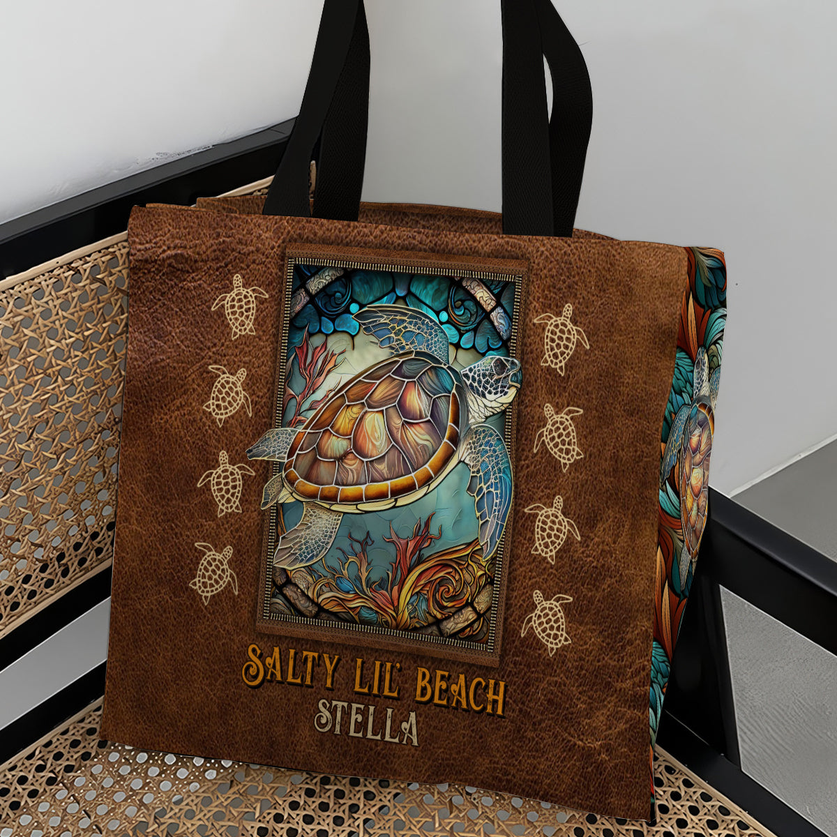 Salty Lil Beach - Personalized Turtle All-Over Print Canvas Tote Bag