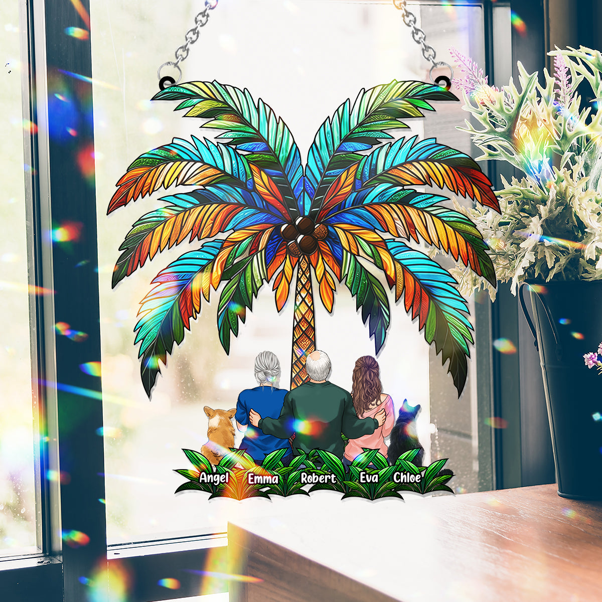 Family Under The Palm Tree - Personalized Family Window Hanging Suncatcher Ornament