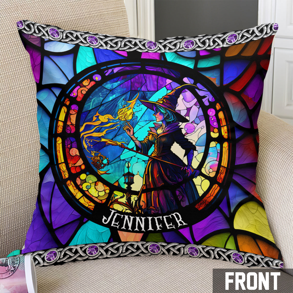 Beautiful Stained Glass Witch - Personalized Witch Throw Pillow