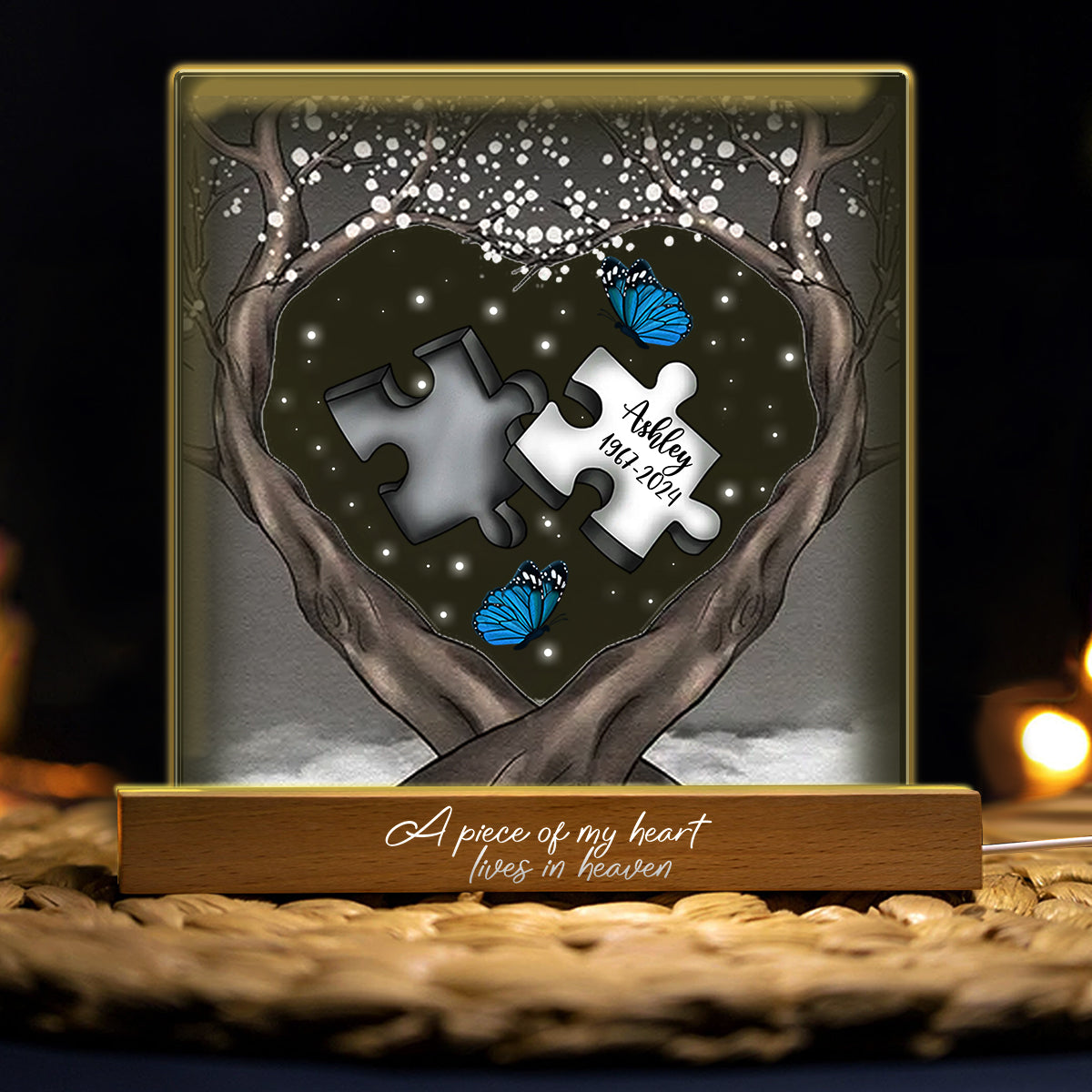A Piece Of My Heart Lives In Heaven - Personalized Memorial Shaped Led Night Light
