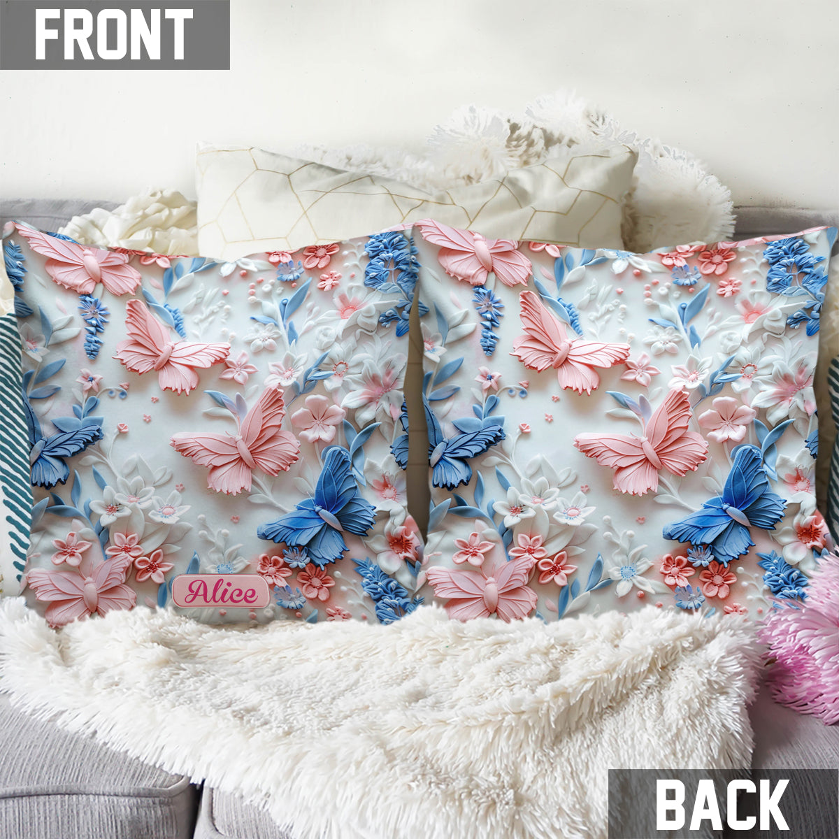 Pink And Blue Butterflies - Personalized Butterfly Throw Pillow