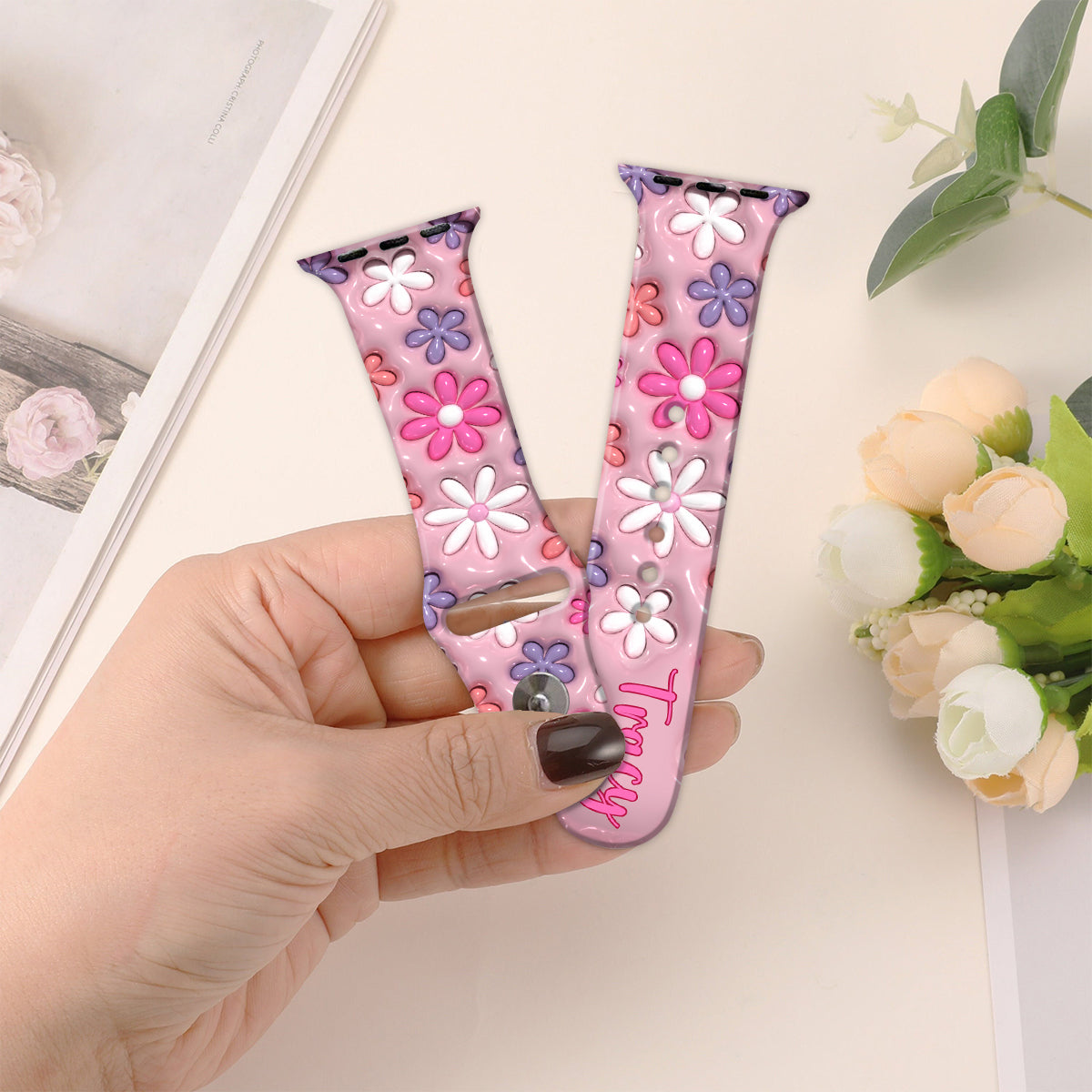 Puffy Pink Floral Apple Watch Band - Personalized Apple Watch Band