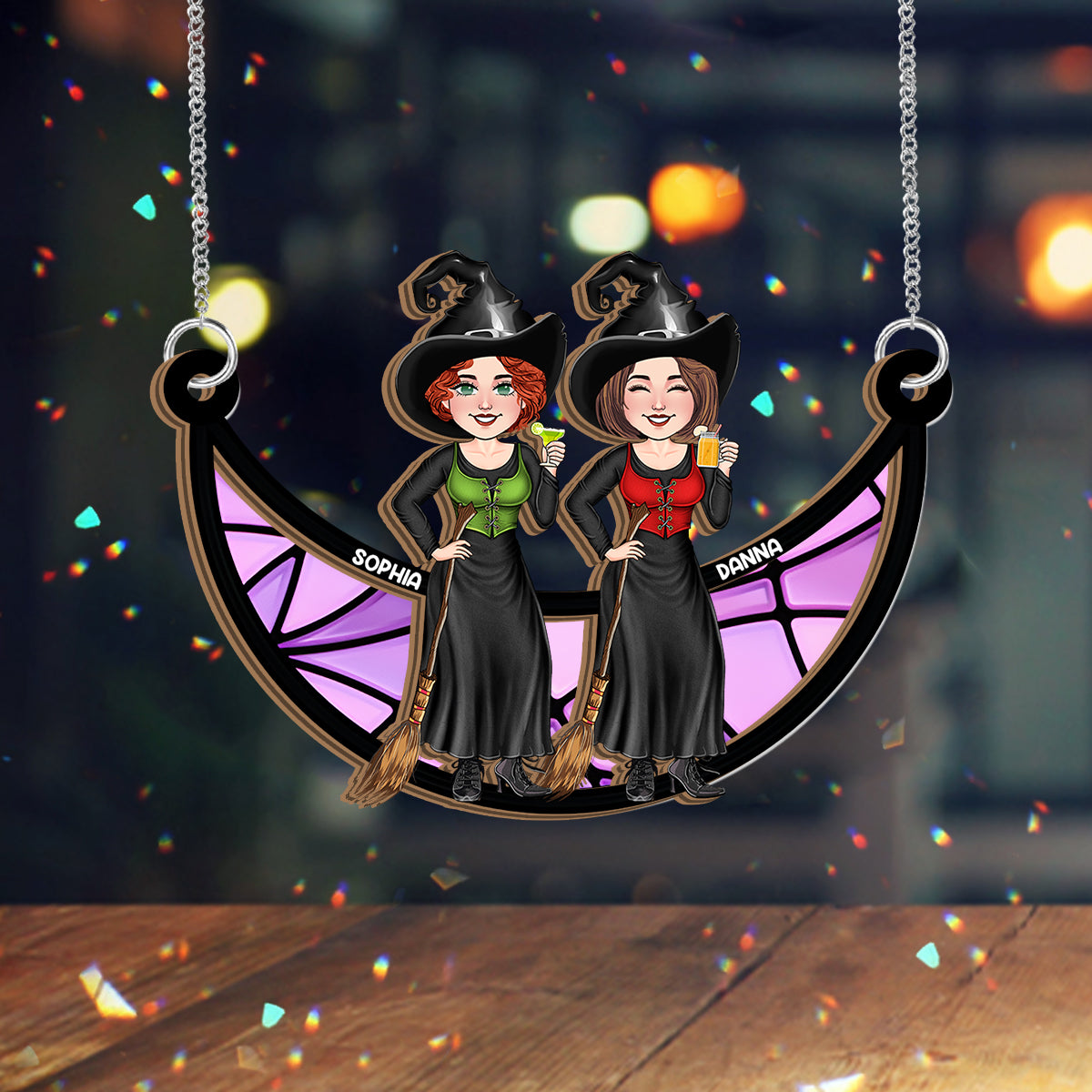 Witches Sitting On The Moon - Personalized Bestie 2 Layered Window Hanging Suncatcher