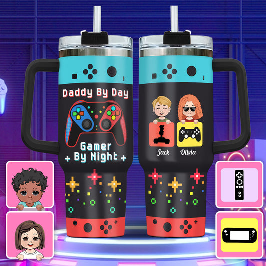 Daddy By Day Gamer By Night - Personalized Father Tumbler With Handle