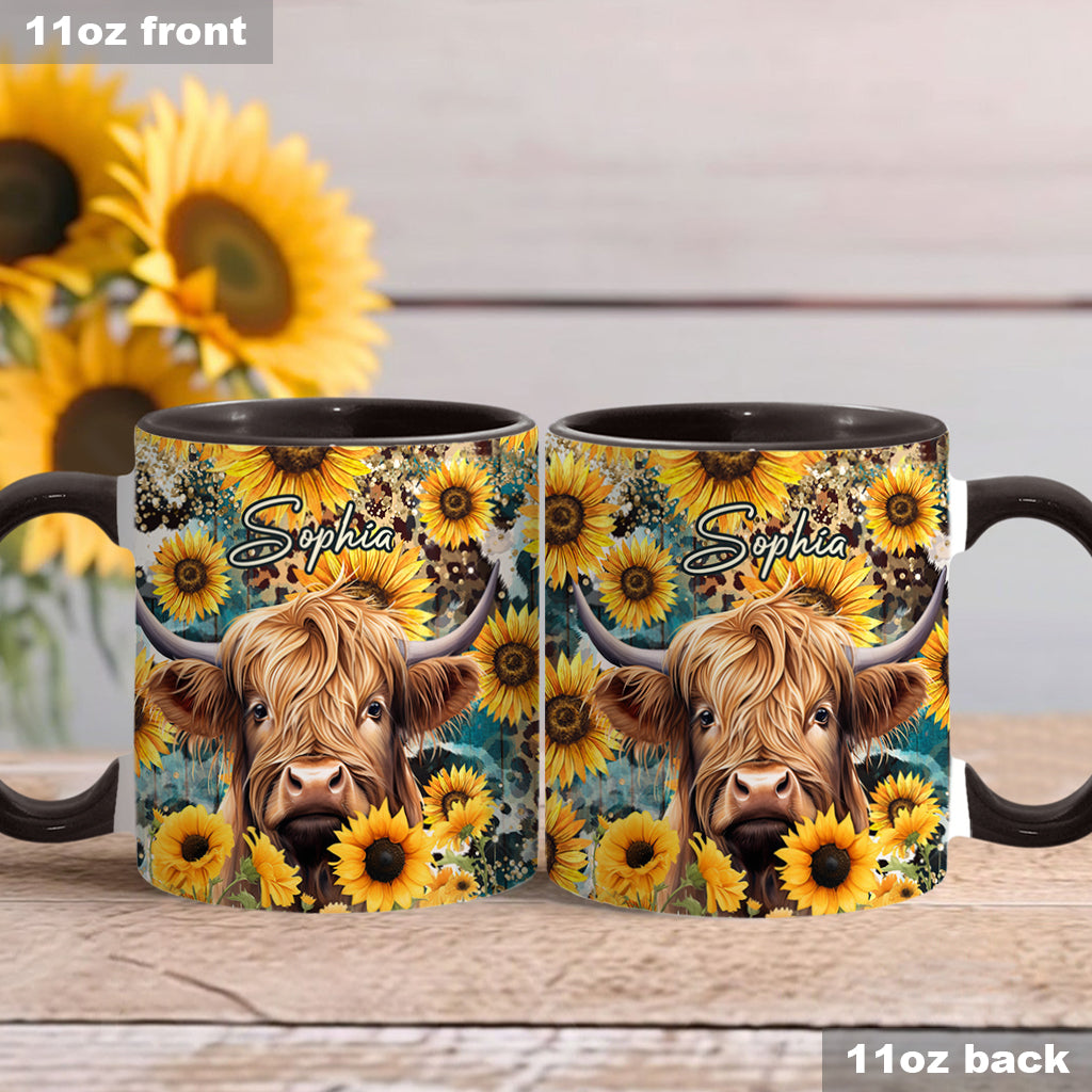 Highland Cow Among Sunflowers - Personalized Accent Mug